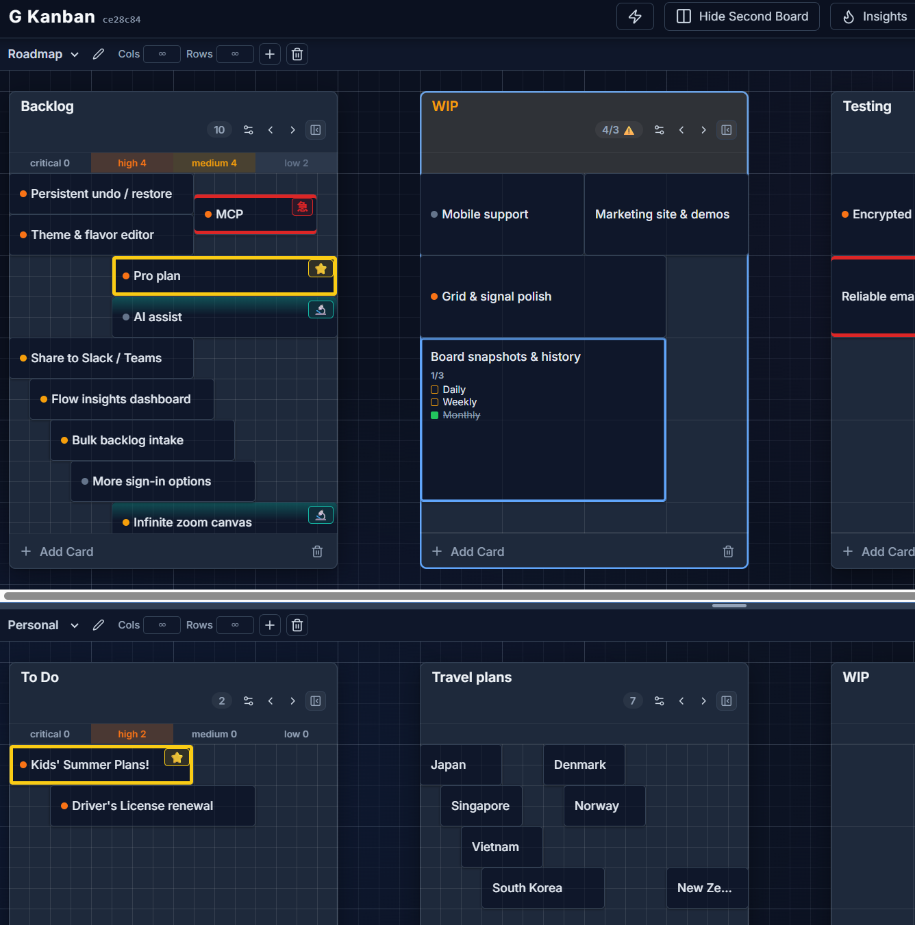 Two boards shown side by side in the split-pane view