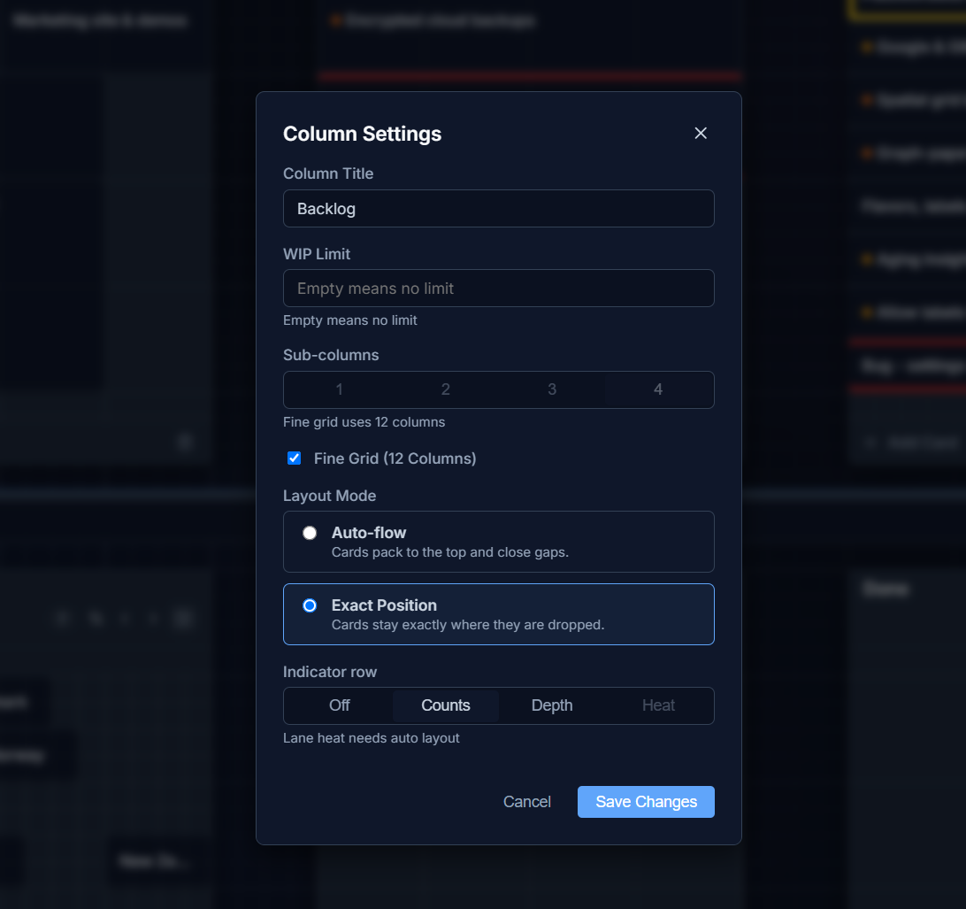 The column settings modal with sub-column and fine grid options