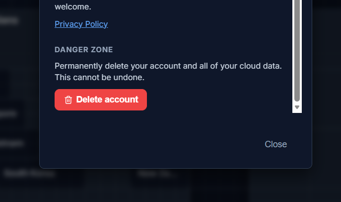 The Danger zone section in Settings