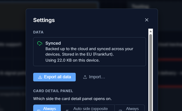 The export button in Settings, with the on-device data size shown above it