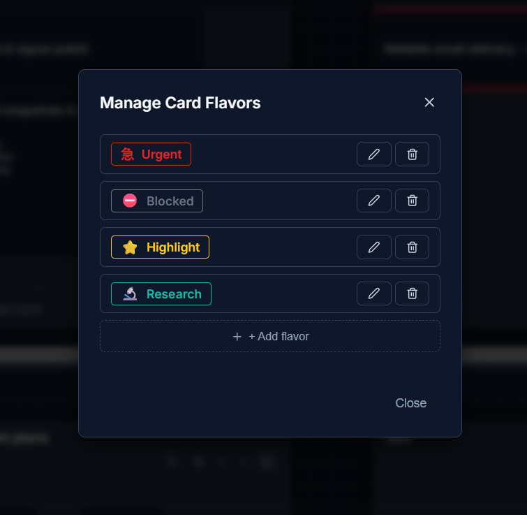 The Manage Flavors modal with glyph, color, and treatment options